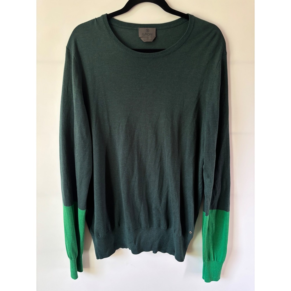 G FORE Sweater Mens XL Green Silk Wool Blend Crewneck Colorblock Cuffs Golf